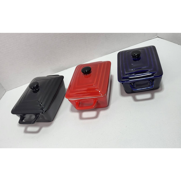 Mini Casserole Meatloaf Bread Loaf Bakeware w. Lid Red Black Navy Blue Set of 3 - Picture 2 of 9